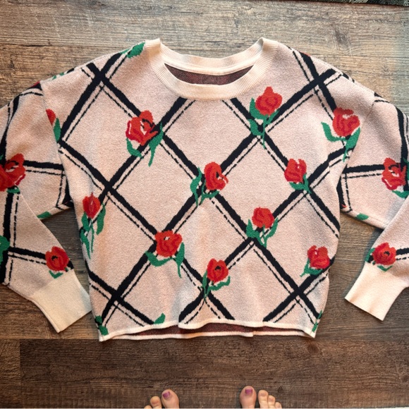 Anthropologie Maeve White Sweater with Red Rose Design - Picture 2 of 8